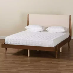 Tan Upholstered Brown Wood Queen Platform Bed