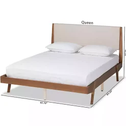 Tan Upholstered Brown Wood Queen Platform Bed
