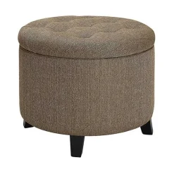 Tan Upholstered Eliza Round Storage Ottoman