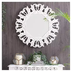 Vintage White Carved Octagon Wall Mirror