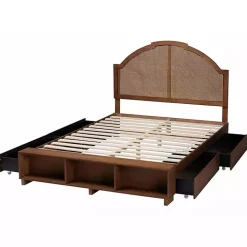 Walnut Brown Rattan Queen Storage Bed