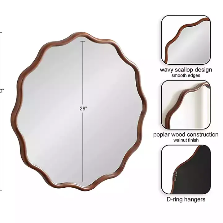 Walnut Brown Wavy Scallop Round Wall Mirror