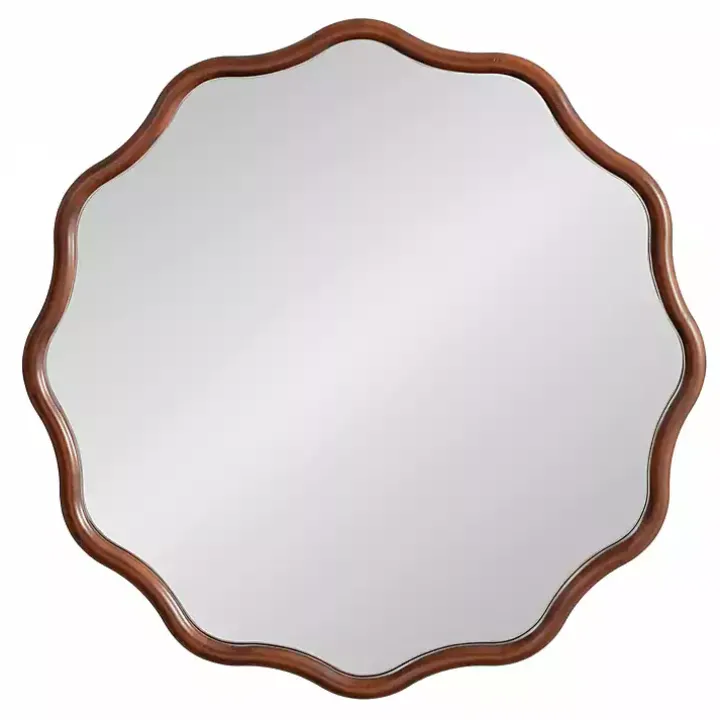 Walnut Brown Wavy Scallop Round Wall Mirror