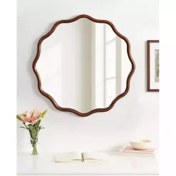 Walnut Brown Wavy Scallop Round Wall Mirror