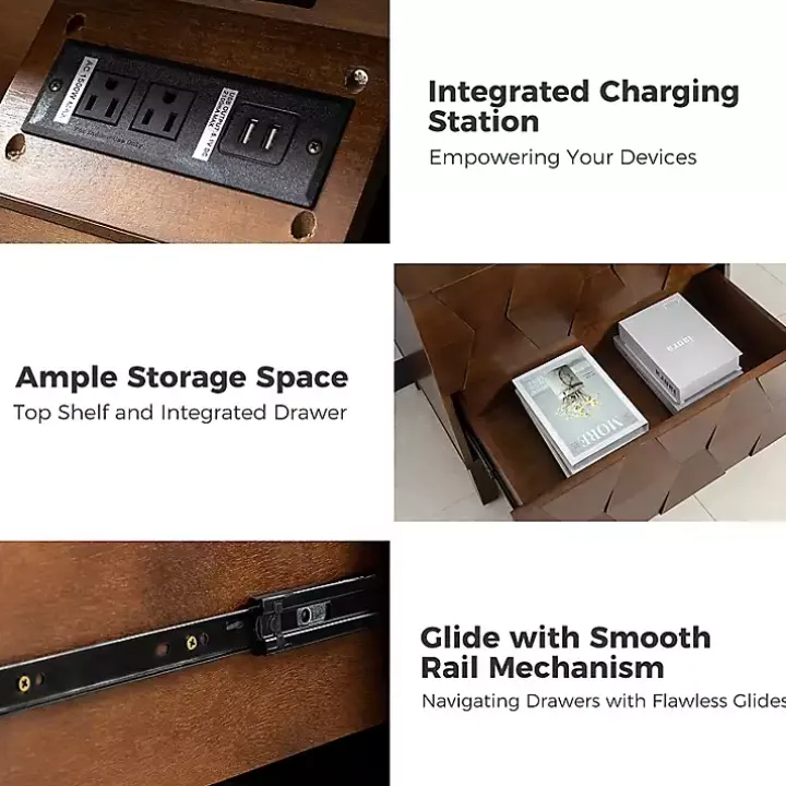Walnut Geometric 2-Drawer Charging Nightstand