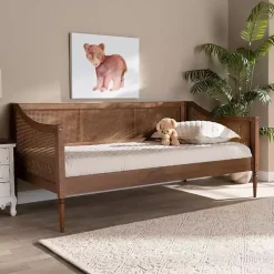 Walnut Wood and Rattan Twin Daybed