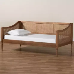 Walnut Wood and Rattan Twin Daybed