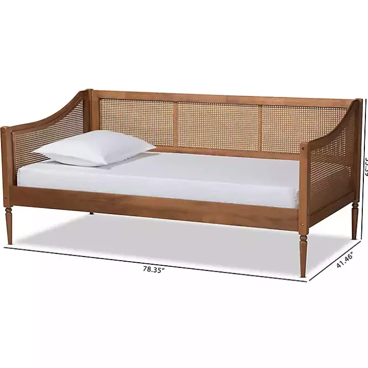 Walnut Wood and Rattan Twin Daybed