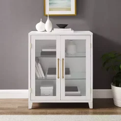 White & Gold Glass Door Storage Cabinet