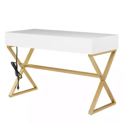 White and Gold Metal Desk with Outlets