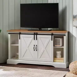 White and Natural Sliding Barn Door TV Stand