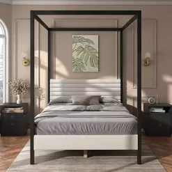 White Boucle Upholstered Black Canopy Queen Bed