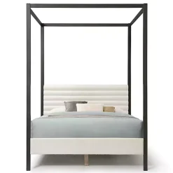 White Boucle Upholstered Black Canopy Queen Bed