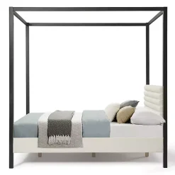 White Boucle Upholstered Black Canopy Queen Bed