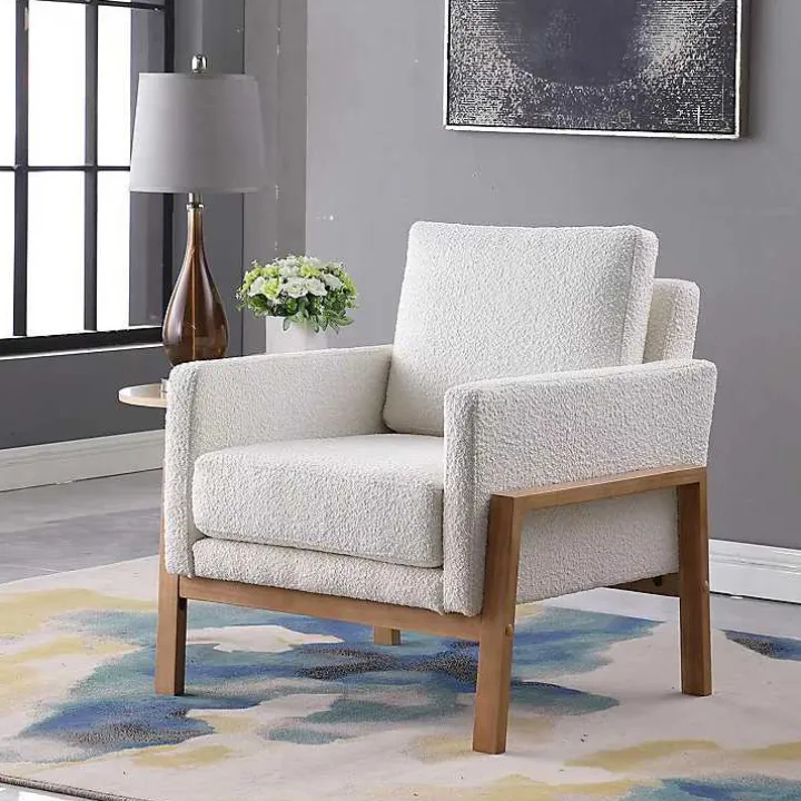White Boucle Wood Frame Accent Chair