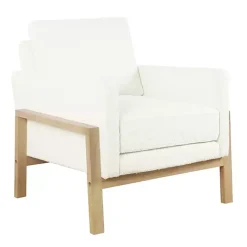 White Boucle Wood Frame Accent Chair