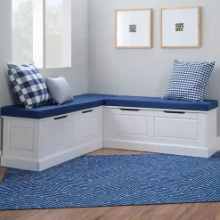 White Corner Bench with Blue Cushions