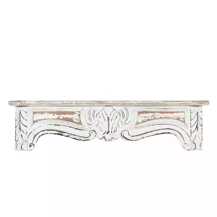 White Distressed Carved Wood Acanthus Wall Shelf