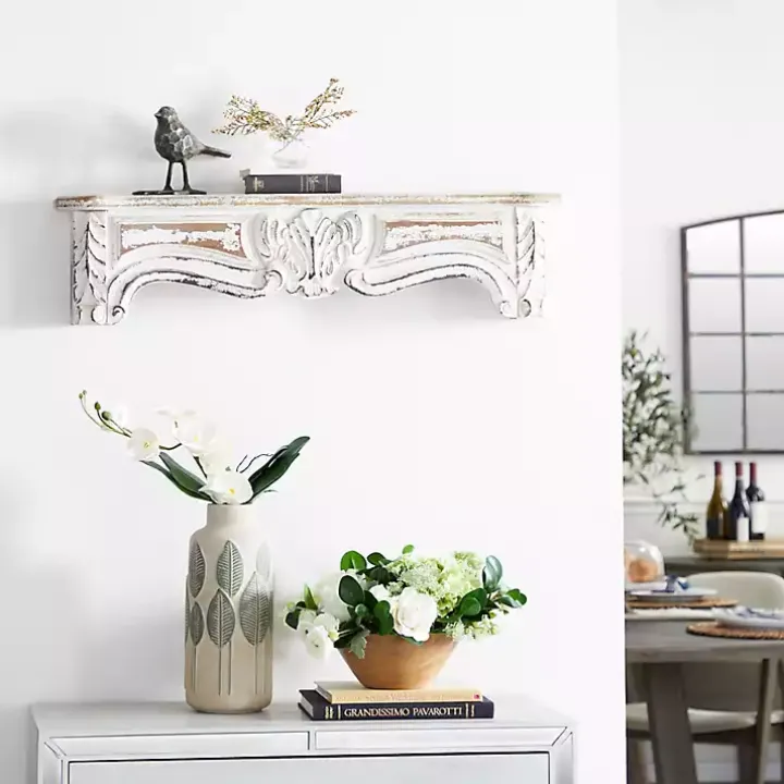 White Distressed Carved Wood Acanthus Wall Shelf