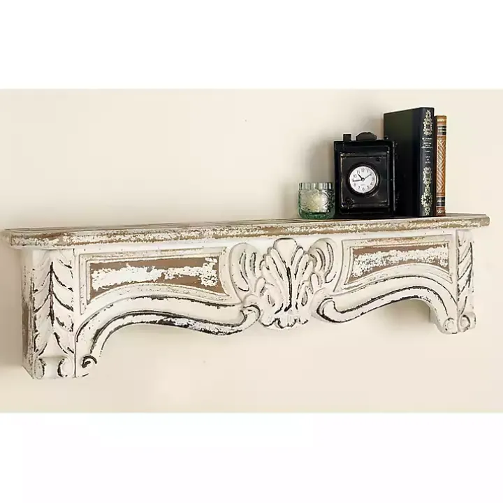White Distressed Carved Wood Acanthus Wall Shelf