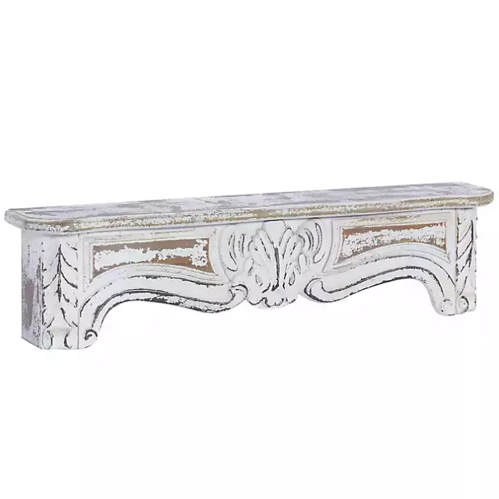 White Distressed Carved Wood Acanthus Wall Shelf