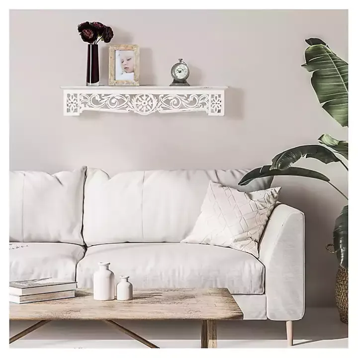 White Distressed Wood Carved Floral Shelf