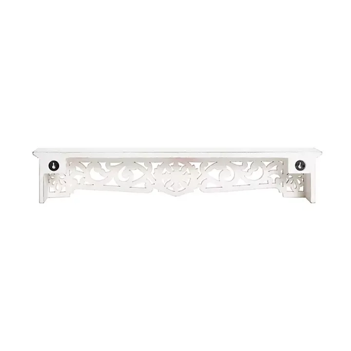 White Distressed Wood Carved Floral Shelf