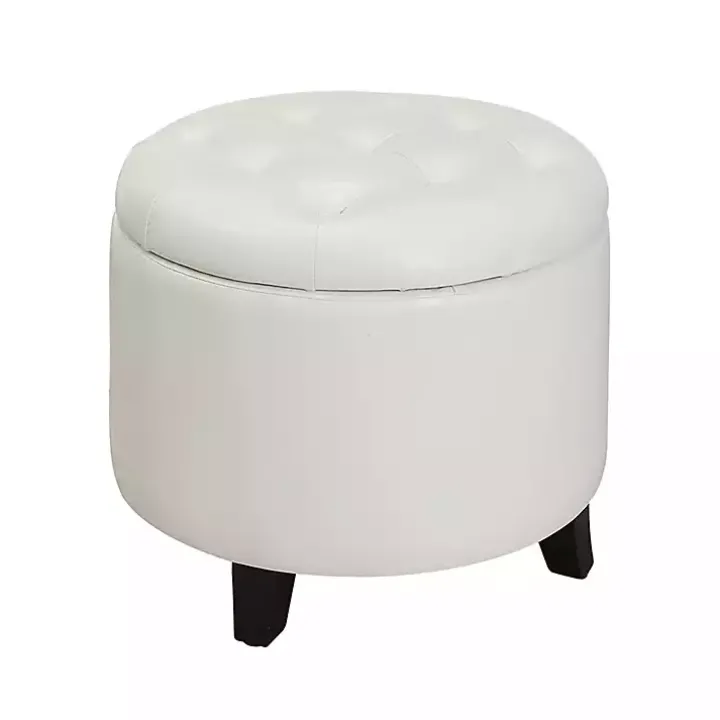 White Faux Leather Eliza Round Storage Ottoman