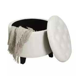 White Faux Leather Eliza Round Storage Ottoman