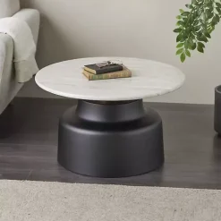 White Marble & Black Metal Pedestal Coffee Table
