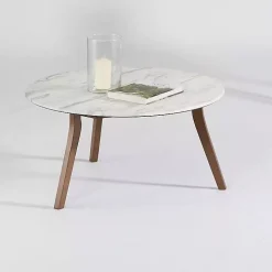 White Marble and Wood Round Coffee Table