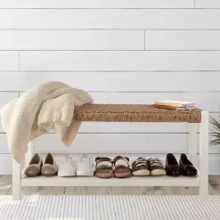 White Newport Wood and Rattan Bench with Shelf