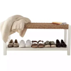 White Newport Wood and Rattan Bench with Shelf