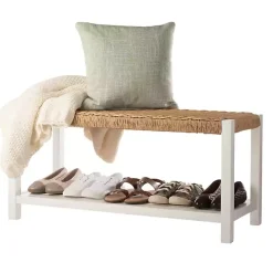 White Newport Wood and Rattan Bench with Shelf