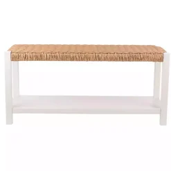 White Newport Wood and Rattan Bench with Shelf