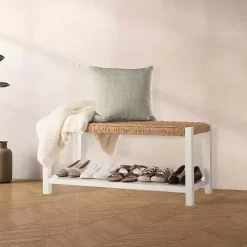 White Newport Wood and Rattan Bench with Shelf