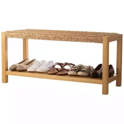 White Newport Wood and Rattan Bench with Shelf