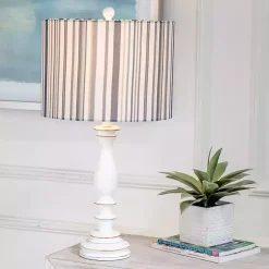 White Resin Table Lamp with Blue Stripe Shade