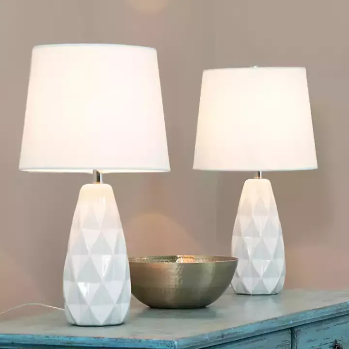 White Sculpted Diamond Table Lamps, Set of 2