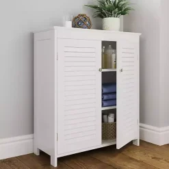 White Slatted 2-Door Bathroom Storage Cabinet
