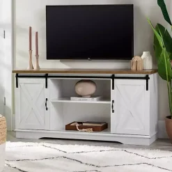 White Sliding Door Rustic Oak Top TV Stand