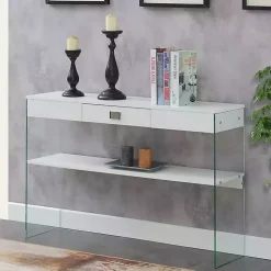 White Soho Glass Console Table with Shelf