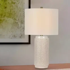 White Textured Cylinder Table Lamps, Set of 2