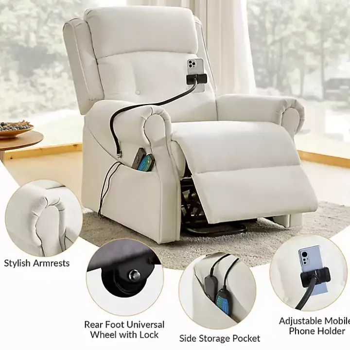 White Upholstered Lift Assist Massaging Recliner