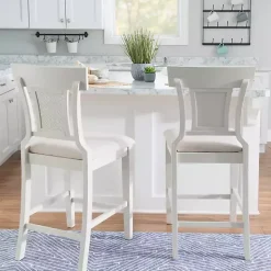 White Wood and Rattan Upholstered Counter Stool