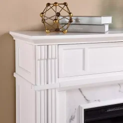 White Wood Faux Marble LED Media Fireplace