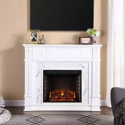 White Wood Faux Marble LED Media Fireplace