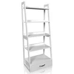 White Wood 5-Shelf Leaning Bookshelf