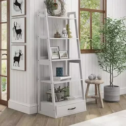White Wood 5-Shelf Leaning Bookshelf
