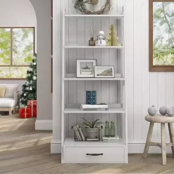 White Wood 5-Shelf Leaning Bookshelf